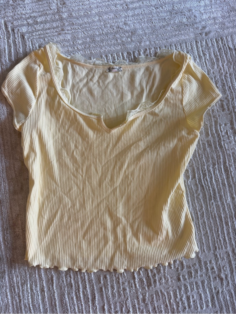 Free People Pale Yellow Ribbed Scoop Crop Top with Lace Trim